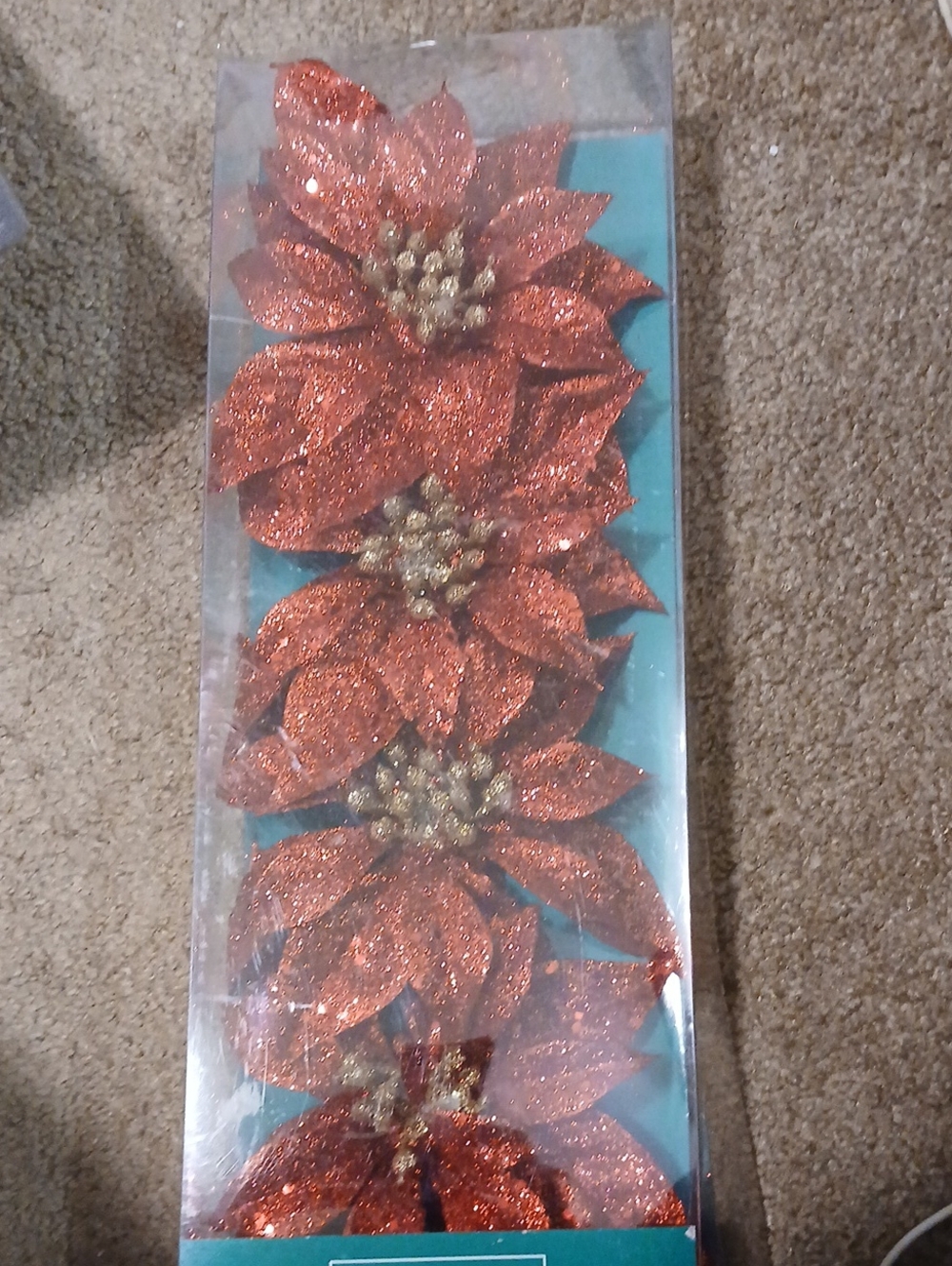 Glitter Poinsettia Floral Picks - Red and Gold Holiday Accents
